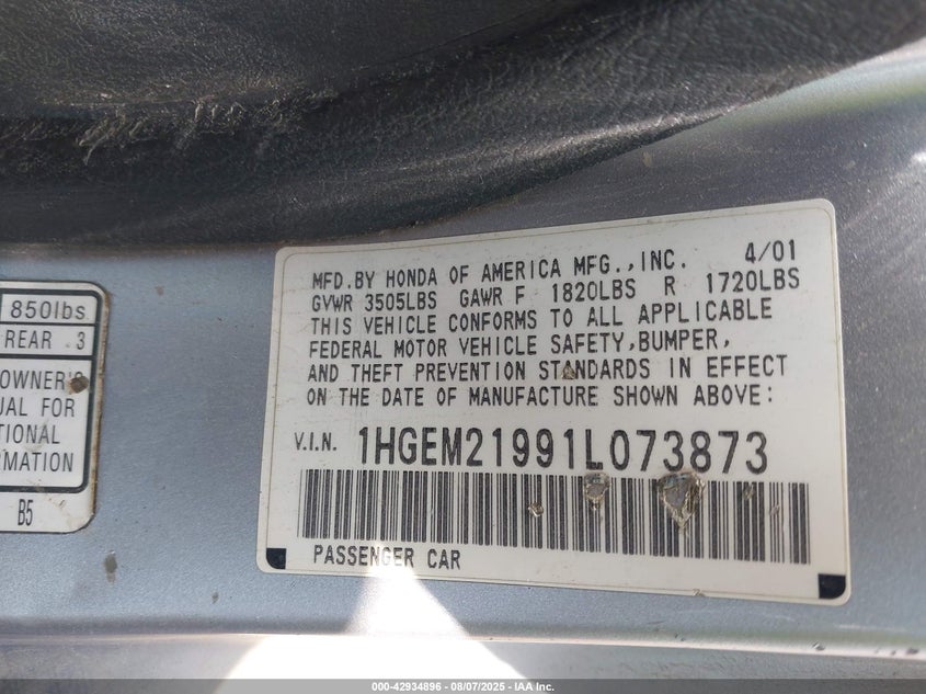 2001 Honda Civic Ex VIN: 1HGEM21991L073873 Lot: 42934896