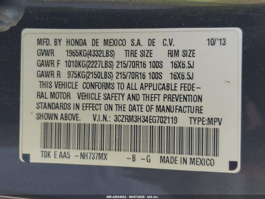 2014 Honda Cr-V Lx VIN: 3CZRM3H34EG702119 Lot: 42934922