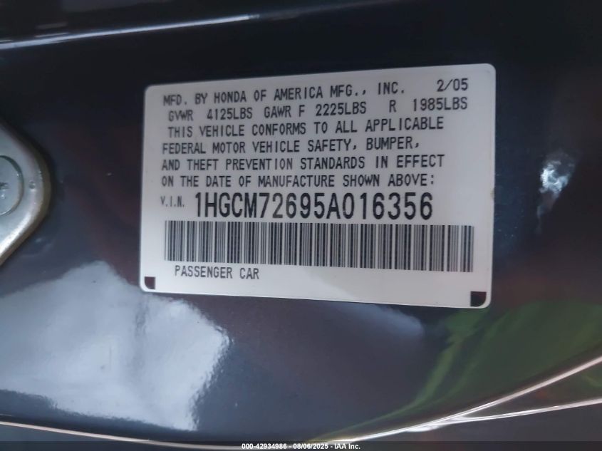 2005 Honda Accord 2.4 Ex VIN: 1HGCM72695A016356 Lot: 42934986