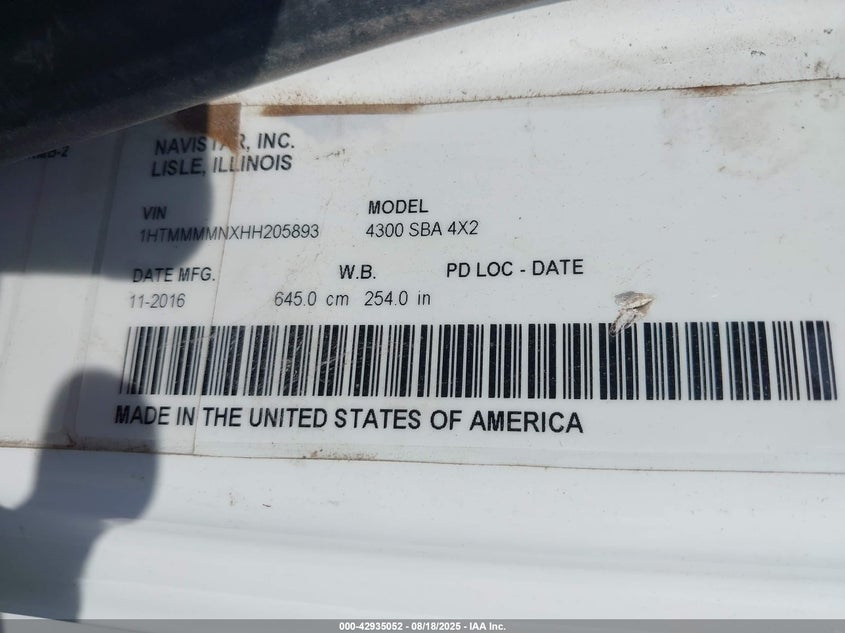 2017 International Durastar 4300 VIN: 1HTMMMMNXHH205893 Lot: 42935052
