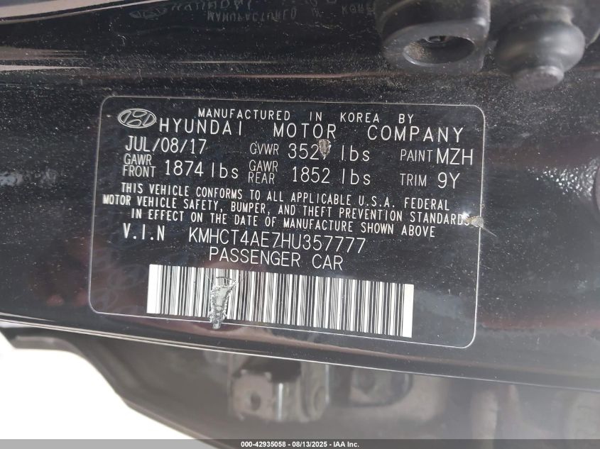 2017 Hyundai Accent Value Edition VIN: KMHCT4AE7HU357777 Lot: 42935058