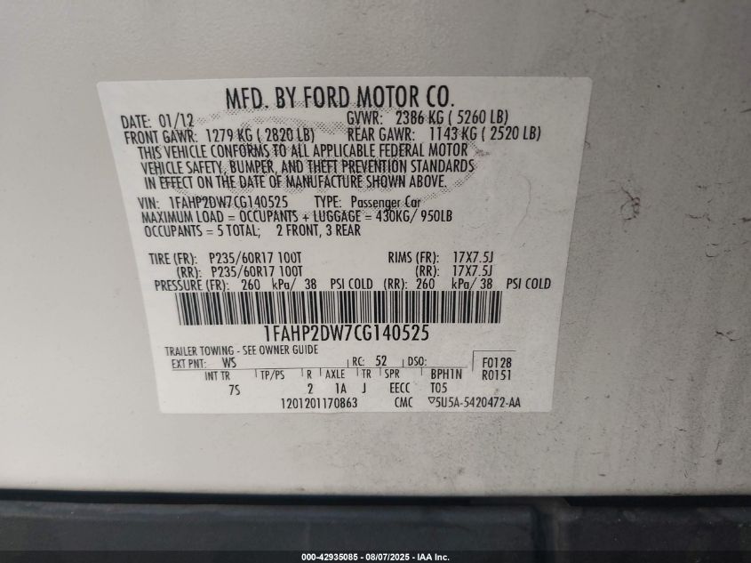 2012 Ford Taurus Se VIN: 1FAHP2DW7CG140525 Lot: 42935085