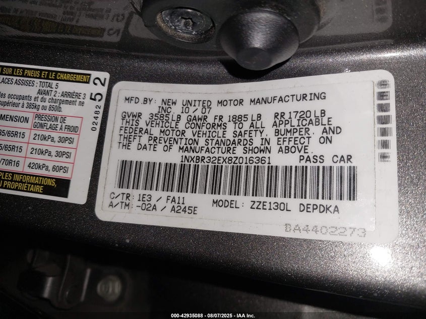 2008 Toyota Corolla Ce VIN: 1NXBR32EX8Z016361 Lot: 42935088