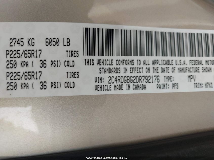 2013 Dodge Grand Caravan Se VIN: 2C4RDGBG2DR792176 Lot: 42935102