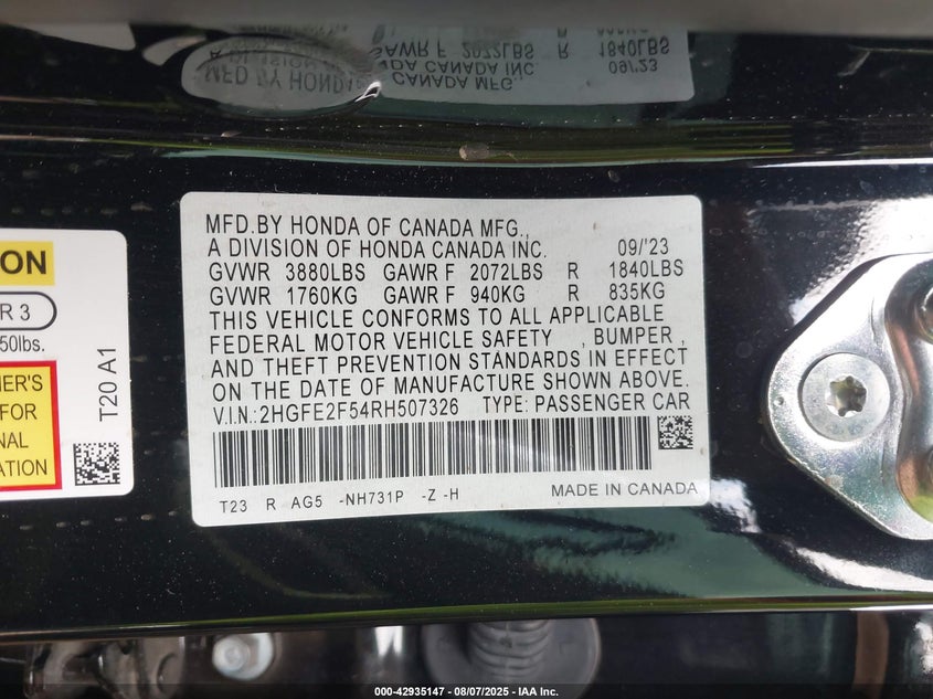 2024 Honda Civic Sport VIN: 2HGFE2F54RH507326 Lot: 42935147