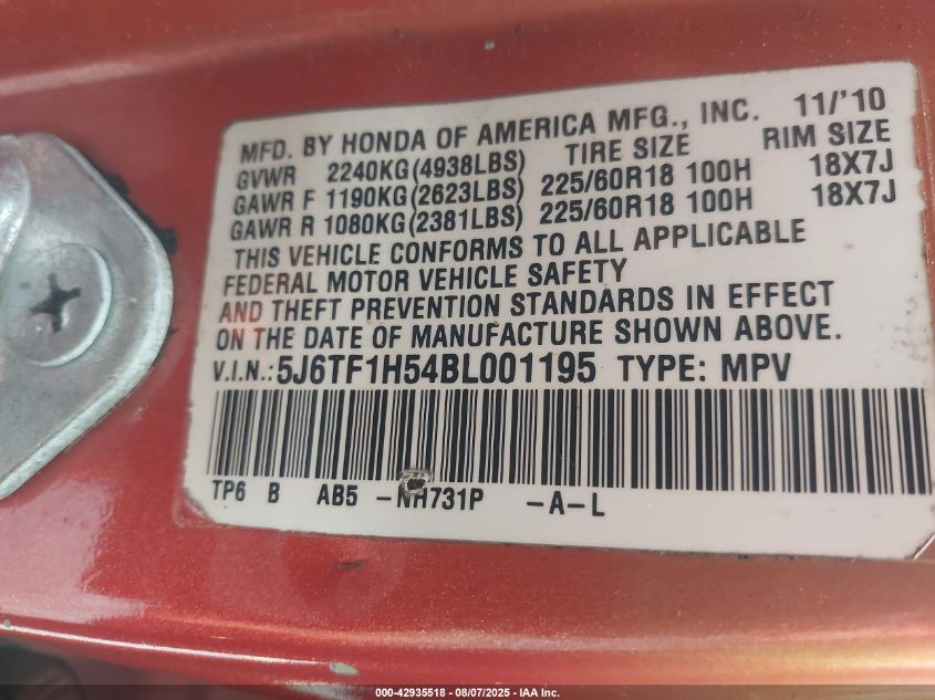 2011 Honda Accord Crosstour Ex-L VIN: 5J6TF1H54BL001195 Lot: 42935518