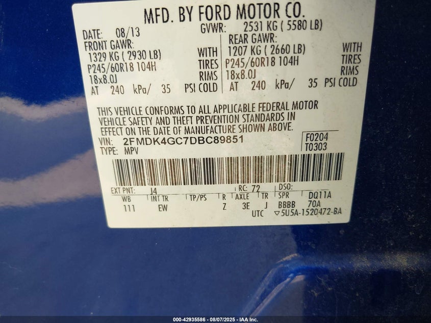 2013 Ford Edge Se VIN: 2FMDK4GC7DBC89851 Lot: 42935586