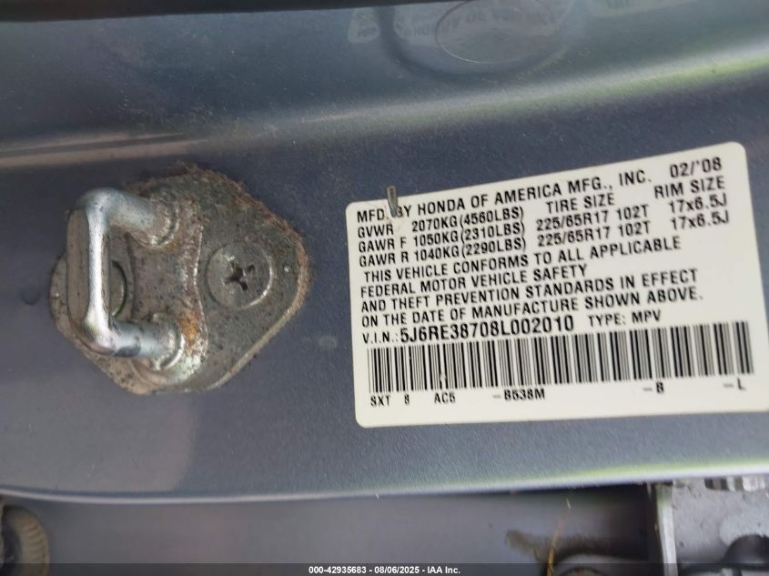 2008 Honda Cr-V Ex-L VIN: 5J6RE38708L002010 Lot: 42935683