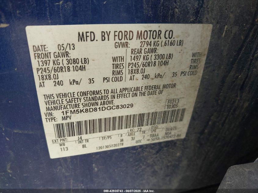 2013 Ford Explorer Xlt VIN: 1FM5K8D81DGC83029 Lot: 42935743