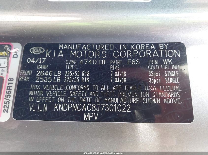 2018 Kia Sportage Ex VIN: KNDPNCAC8J7301022 Lot: 42935758