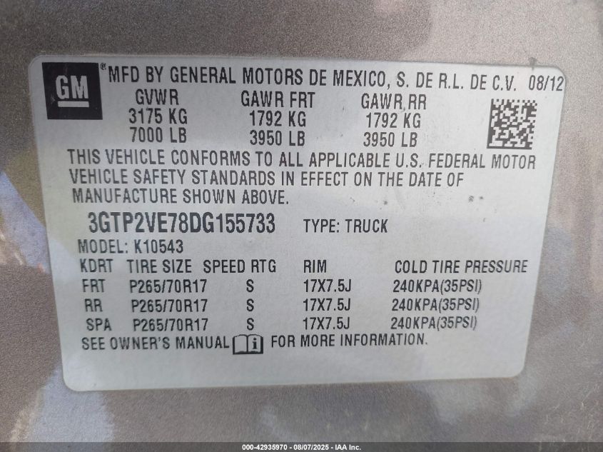 2013 GMC Sierra 1500 Sle VIN: 3GTP2VE78DG155733 Lot: 42935970