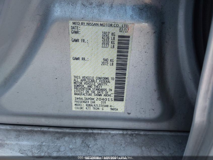 2017 Nissan Altima 2.5 Sl VIN: 1N4AL3AP0HC204015 Lot: 42935985