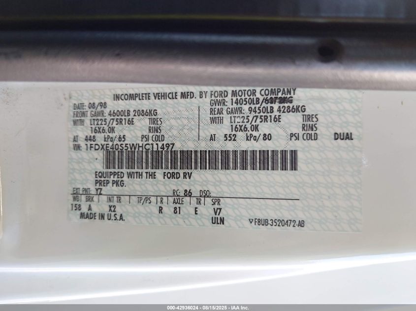 1998 Ford Econoline E450 Super Duty Cutwy Rv VIN: 1FDXE40S5WHC11497 Lot: 42936024