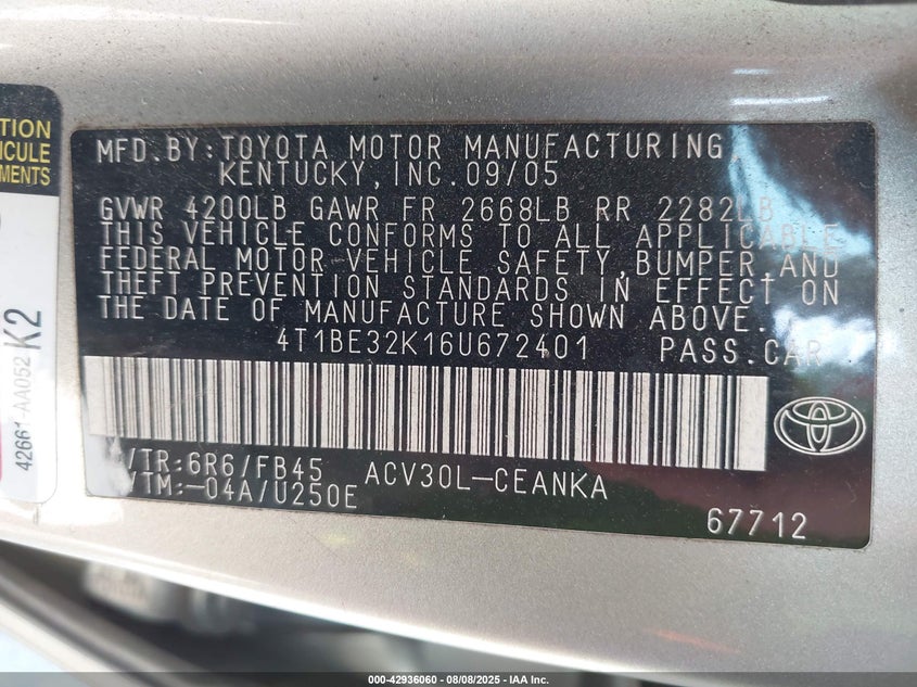 2006 Toyota Camry Le VIN: 4T1BE32K16U672401 Lot: 42936060