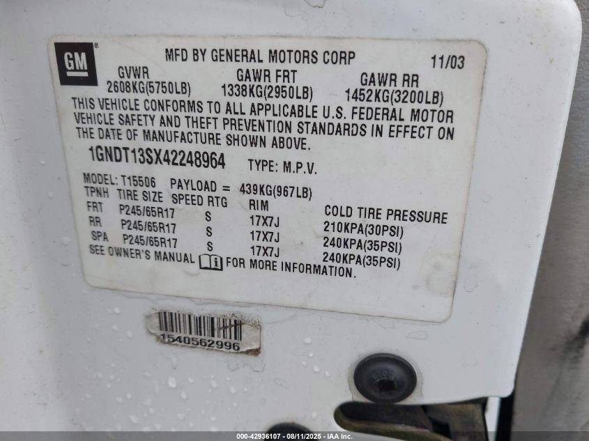 2004 Chevrolet Trailblazer Lt VIN: 1GNDT13SX42248964 Lot: 42936107