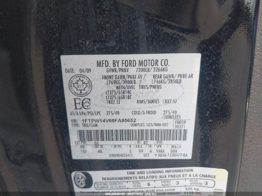 2009 Ford F-150 Fx4/King Ranch/Lariat/Platinum/Xl/Xlt VIN: 1FTPW14V69FA95652 Lot: 42936189