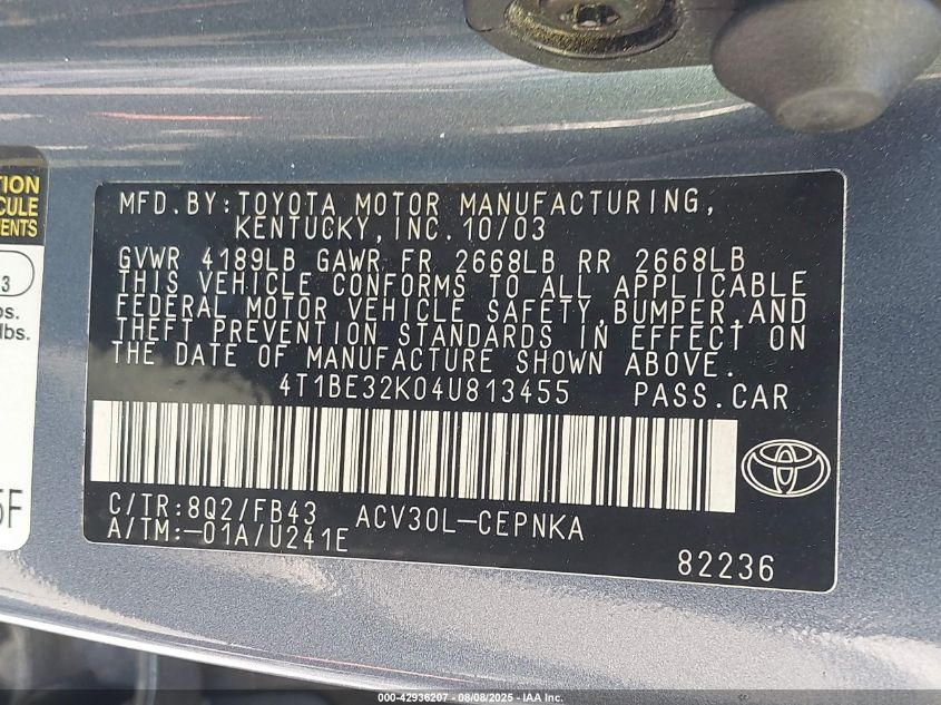 2004 Toyota Camry Le VIN: 4T1BE32K04U813455 Lot: 42936207