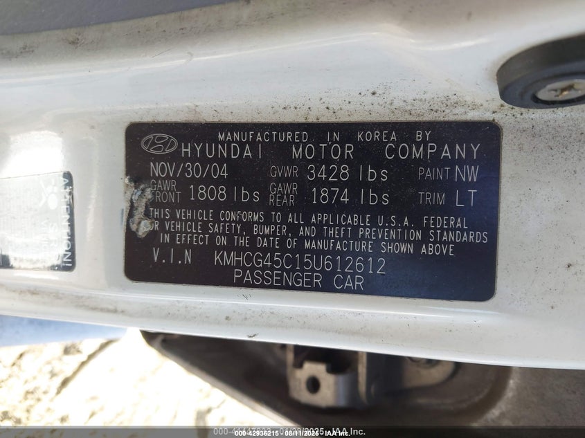 2005 Hyundai Accent Gls VIN: KMHCG45C15U612612 Lot: 42936215