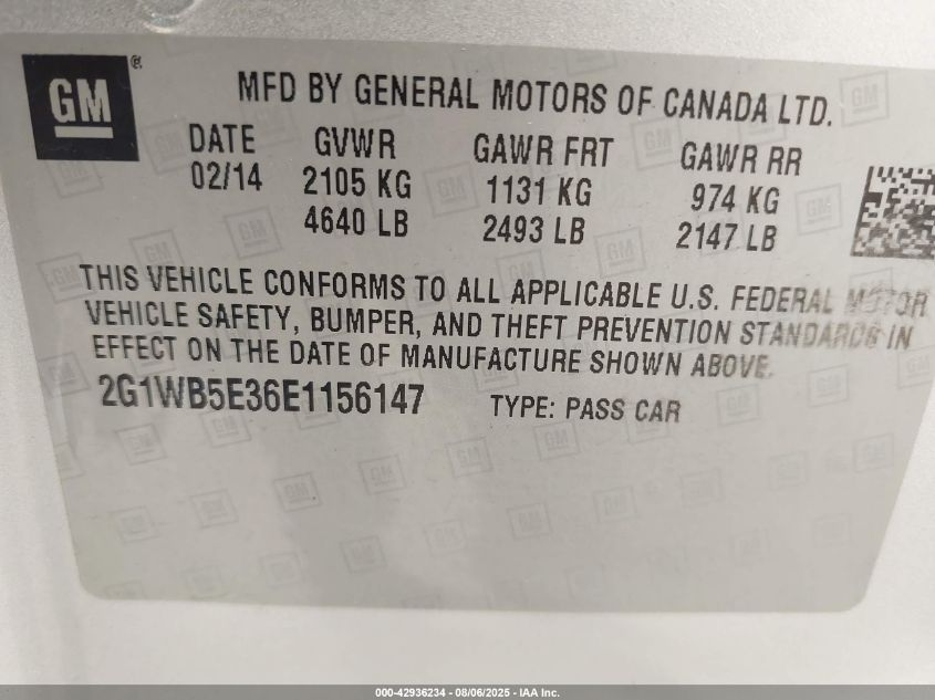 2014 Chevrolet Impala Limited Lt VIN: 2G1WB5E36E1156147 Lot: 42936234