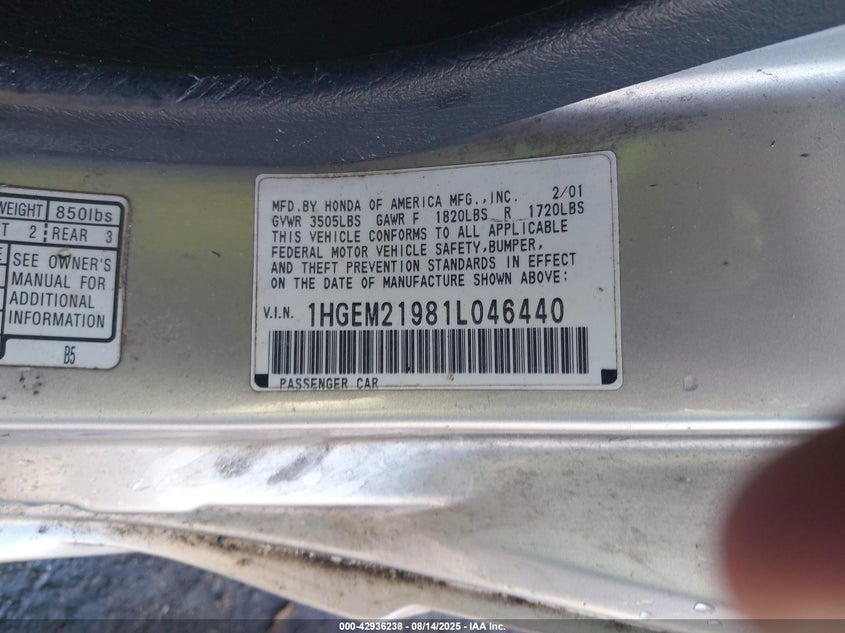 2001 Honda Civic Ex VIN: 1HGEM21981L046440 Lot: 42936238