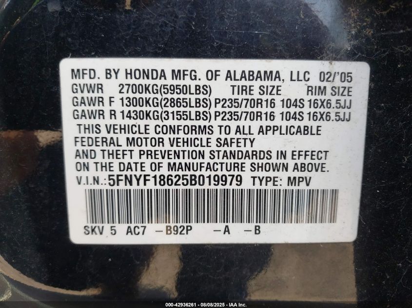 2005 Honda Pilot Ex-L VIN: 5FNYF18625B019979 Lot: 42936261
