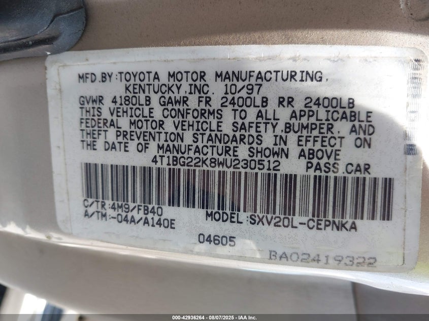 1998 Toyota Camry Le VIN: 4T1BG22K8WU230512 Lot: 42936264