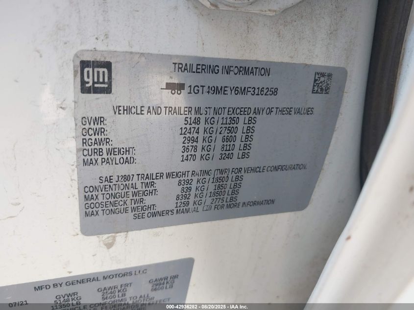 2021 GMC Sierra 2500Hd 4Wd Standard Bed Sle VIN: 1GT49MEY6MF316258 Lot: 42936282