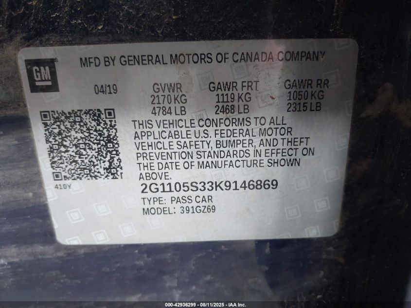 2019 Chevrolet Impala Premier VIN: 2G1105S33K9146869 Lot: 42936299