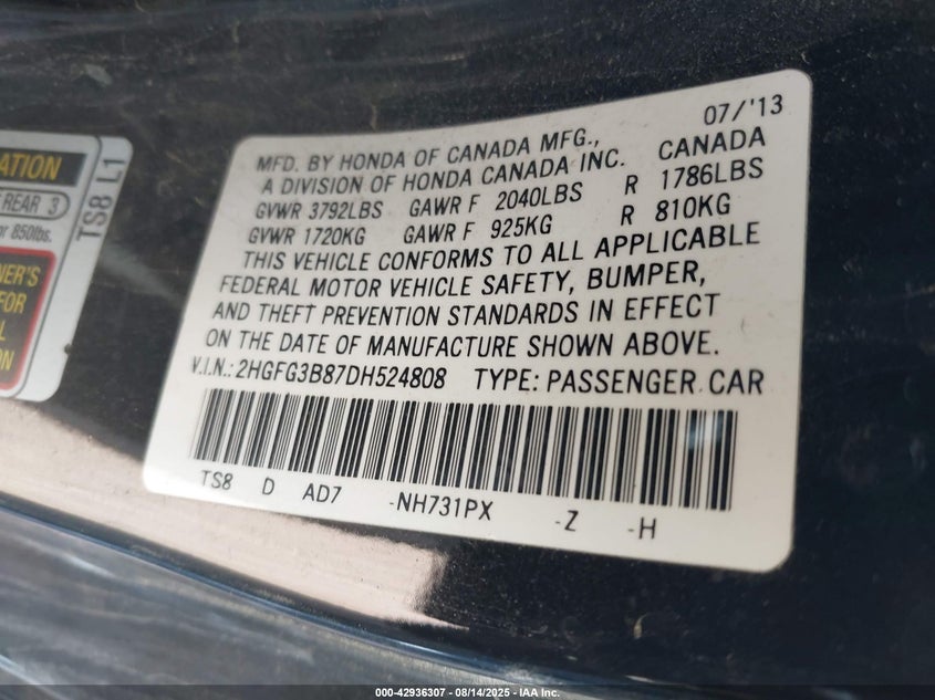 2013 Honda Civic Ex VIN: 2HGFG3B87DH524808 Lot: 42936307