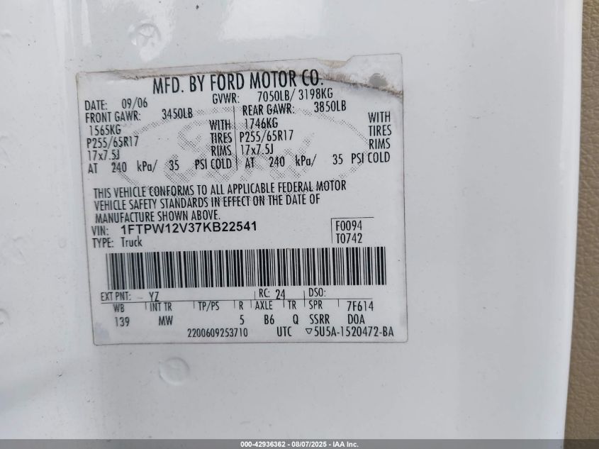 2007 Ford F-150 Lariat/Xlt VIN: 1FTPW12V37KB22541 Lot: 42936362