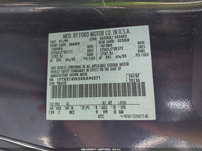 1999 Ford F-150 Lariat/Work Series/Xl/Xlt VIN: 1FTRX18W5XKA94571 Lot: 42936417