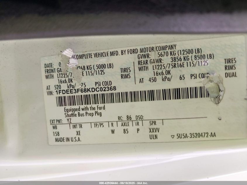 2019 Ford E-350 Cutaway VIN: 1FDEE3F68KDC02368 Lot: 42936444