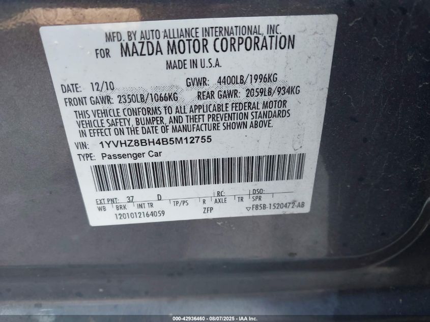 2011 Mazda Mazda6 I Sport VIN: 1YVHZ8BH4B5M12755 Lot: 42936460