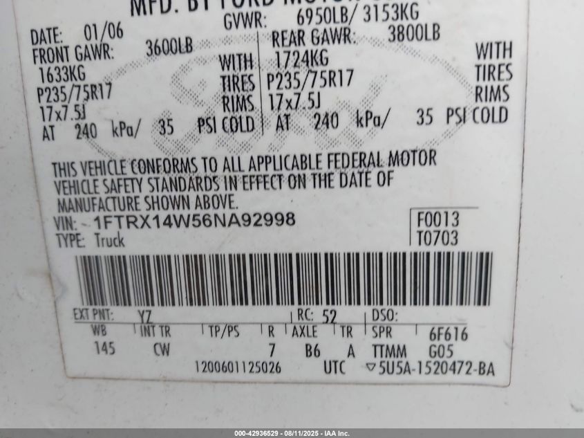 2006 Ford F-150 Stx/Xl/Xlt VIN: 1FTRX14W56NA92998 Lot: 42936529