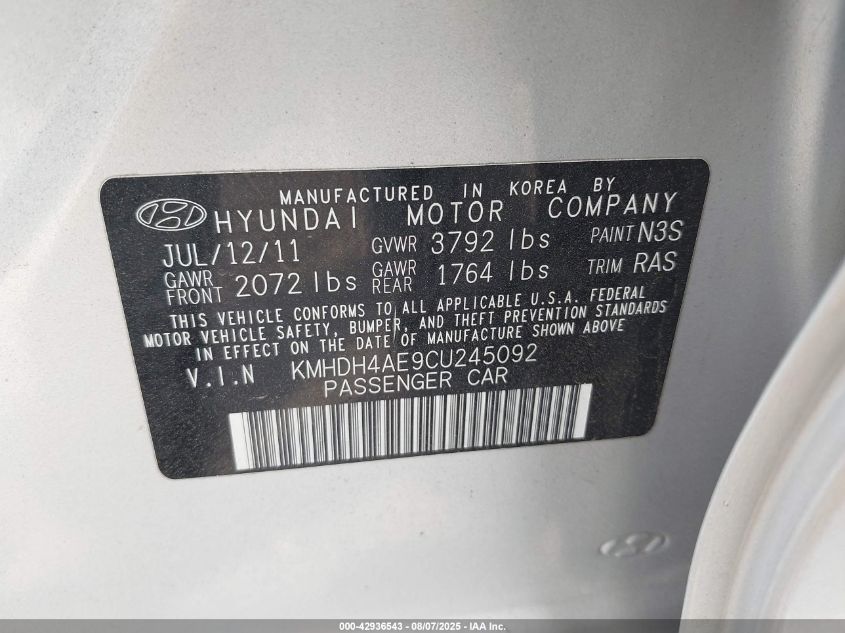 2012 Hyundai Elantra Gls (Ulsan Plant) VIN: KMHDH4AE9CU245092 Lot: 42936543