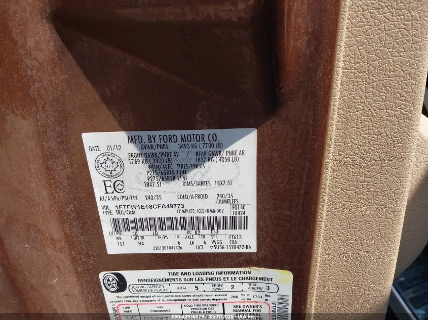 2012 Ford F-150 Lariat VIN: 1FTFW1ET8CFA49773 Lot: 42936579