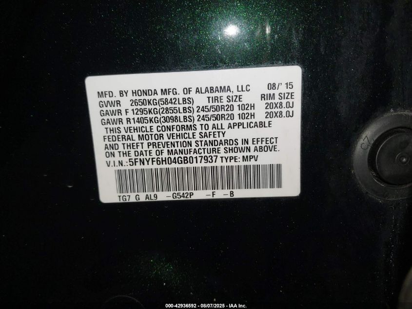 2016 Honda Pilot Elite VIN: 5FNYF6H04GB017937 Lot: 42936592