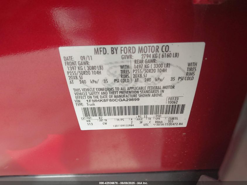 2012 Ford Explorer Limited VIN: 1FMHK8F80CGA29899 Lot: 42936676