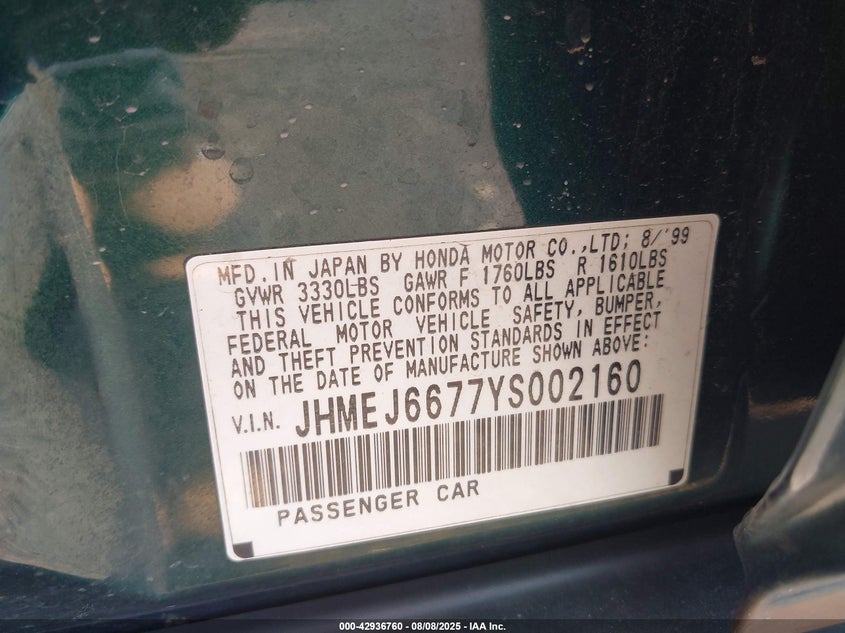 2000 Honda Civic Lx VIN: JHMEJ6677YS002160 Lot: 42936760