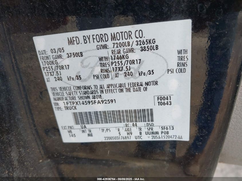 2005 Ford F-150 Fx4/Lariat/Xl/Xlt VIN: 1FTPX14595FA92591 Lot: 42936764