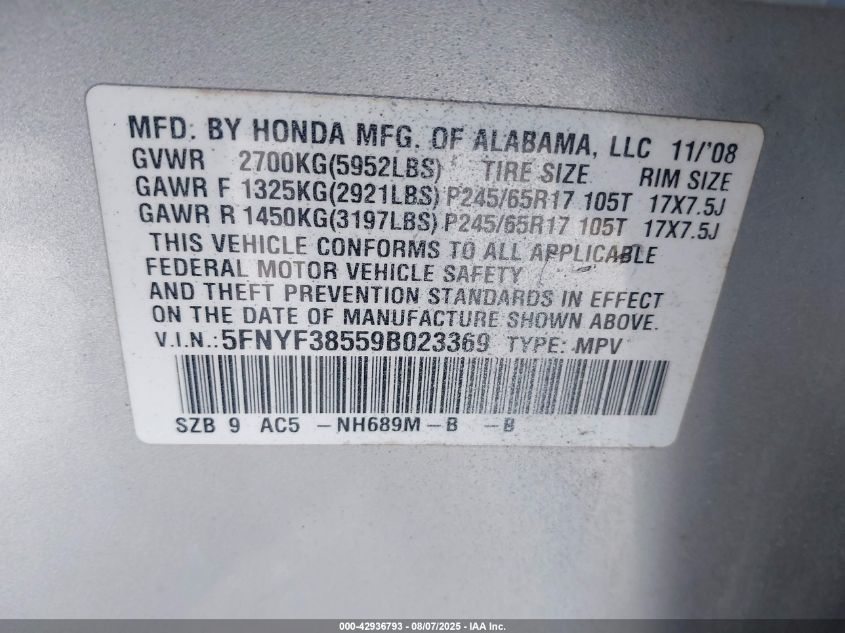 2009 Honda Pilot Ex-L VIN: 5FNYF38559B023369 Lot: 42936793