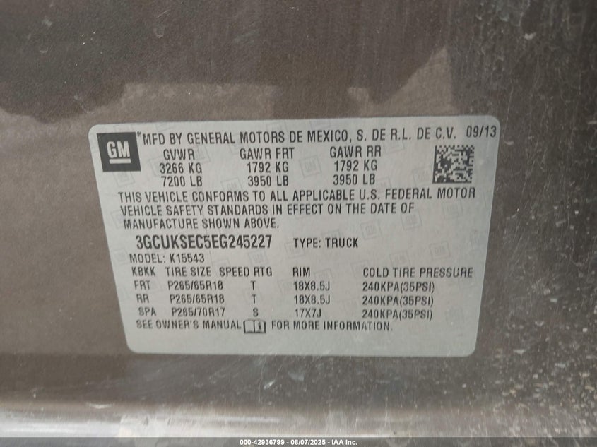 2014 Chevrolet Silverado 1500 1Lz VIN: 3GCUKSEC5EG245227 Lot: 42936799