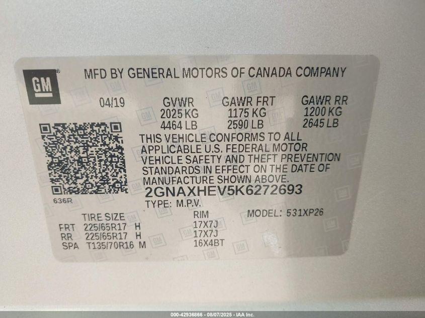 2019 Chevrolet Equinox Ls VIN: 2GNAXHEV5K6272693 Lot: 42936866