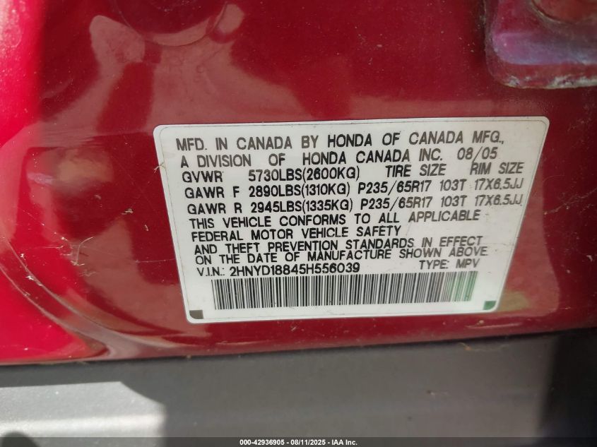 2005 Acura Mdx VIN: 2HNYD18845H556039 Lot: 42936905