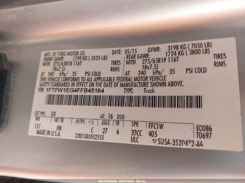 2015 Ford F-150 Lariat VIN: 1FTFW1EG4FFB45164 Lot: 42936906