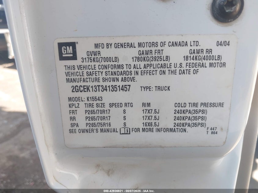 2004 Chevrolet Silverado 1500 Z71 VIN: 2GCEK13T341351457 Lot: 42936921