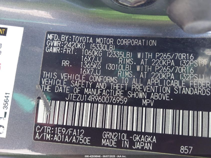 2006 Toyota 4Runner Sr5 V6 VIN: JTEZU14R960076959 Lot: 42936946