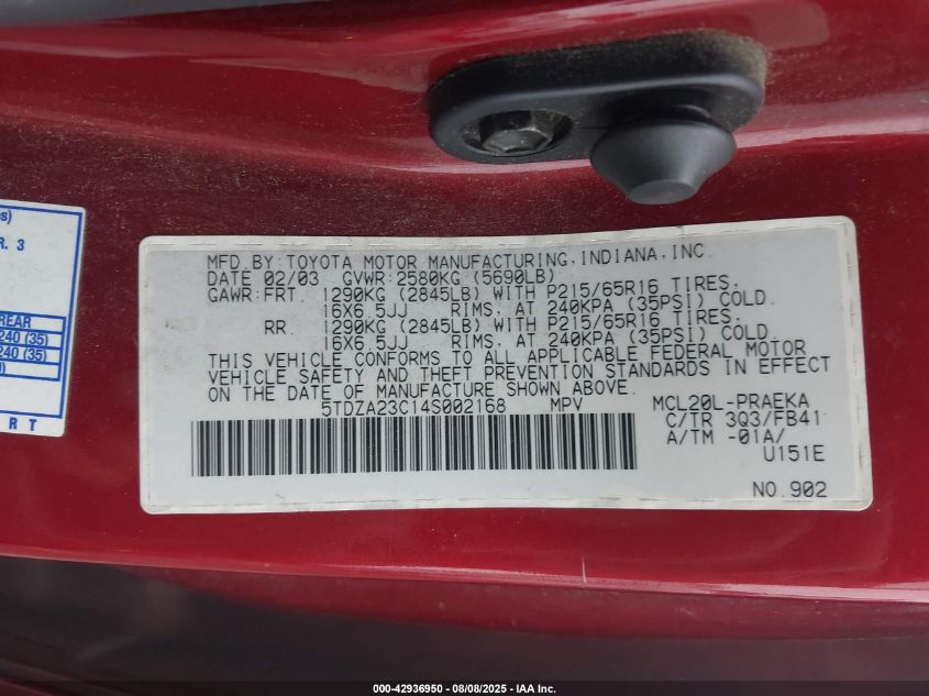 2004 Toyota Sienna Le VIN: 5TDZA23C14S002168 Lot: 42936950