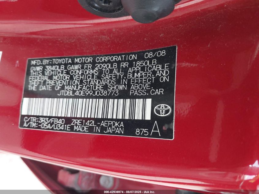 2009 Toyota Corolla Le VIN: JTDBL40E99J038773 Lot: 42936974