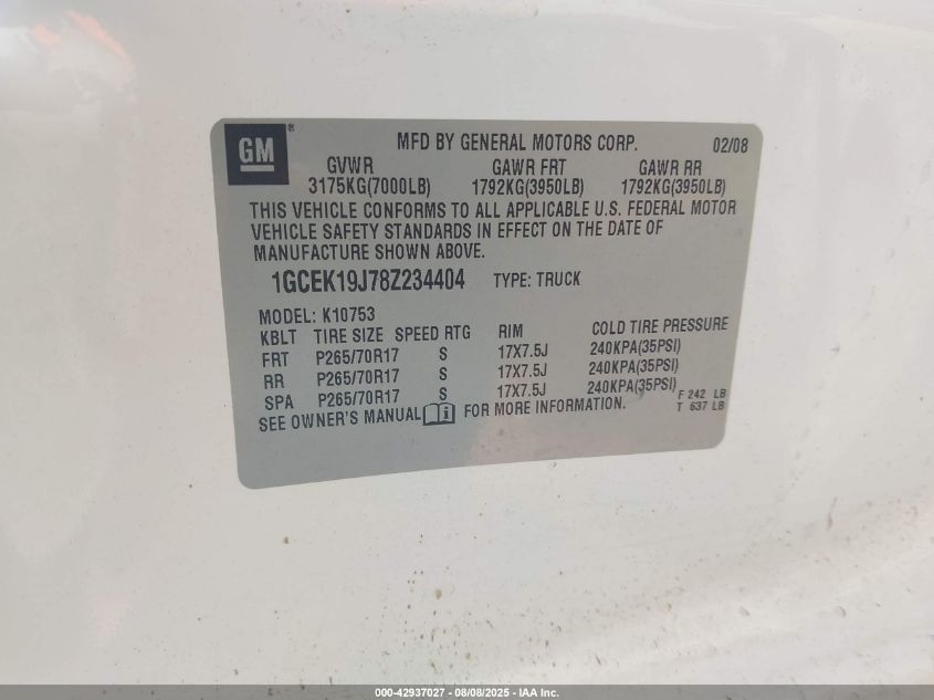 2008 Chevrolet Silverado 1500 Lt1 VIN: 1GCEK19J78Z234404 Lot: 42937027